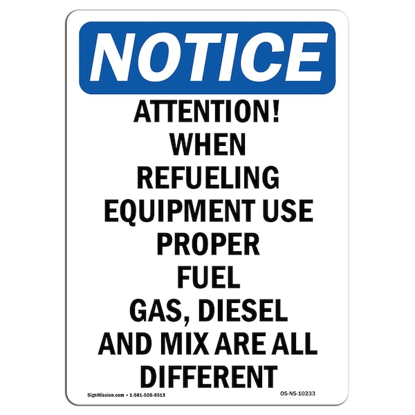 Safety Sign, OSHA Notice, 24" Height, Aluminum, Attention! When Refueling Equipment Sign, Portrait